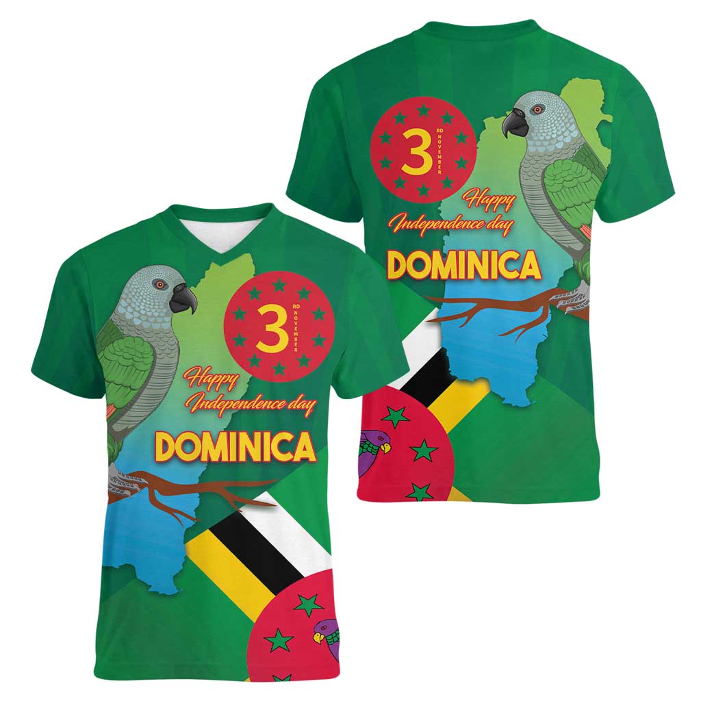 Dominica Independence Day Women V-Neck T-Shirt Imperial Amazon With National Flag and Map - Wonder Print Shop