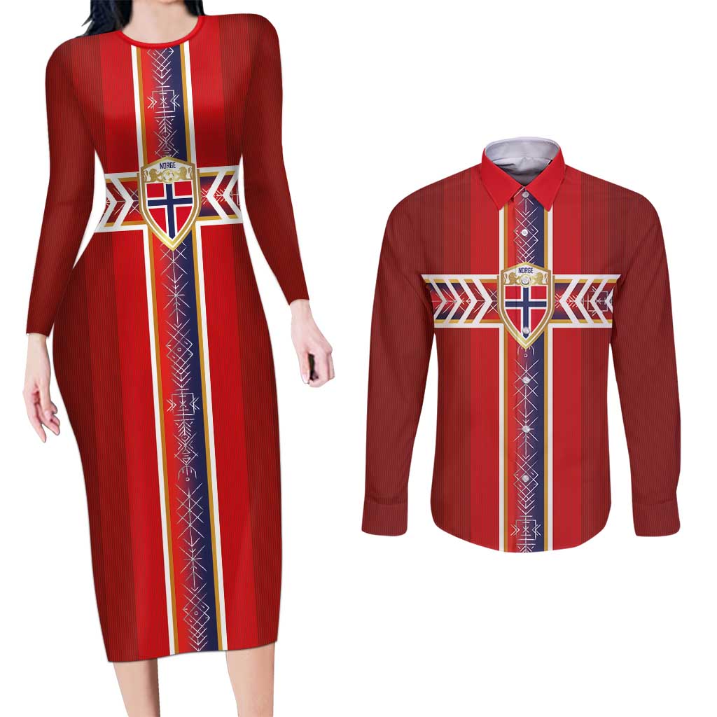 Custom Norway National Football Couples Matching Long Sleeve Bodycon Dress and Long Sleeve Button Shirt Vikings Heritage Sporty Style - Wonder Print Shop
