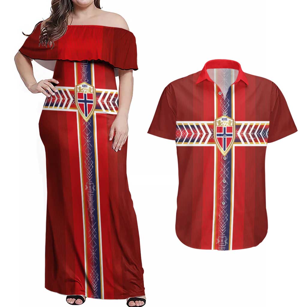 Custom Norway National Football Couples Matching Off Shoulder Maxi Dress and Hawaiian Shirt Vikings Heritage Sporty Style - Wonder Print Shop