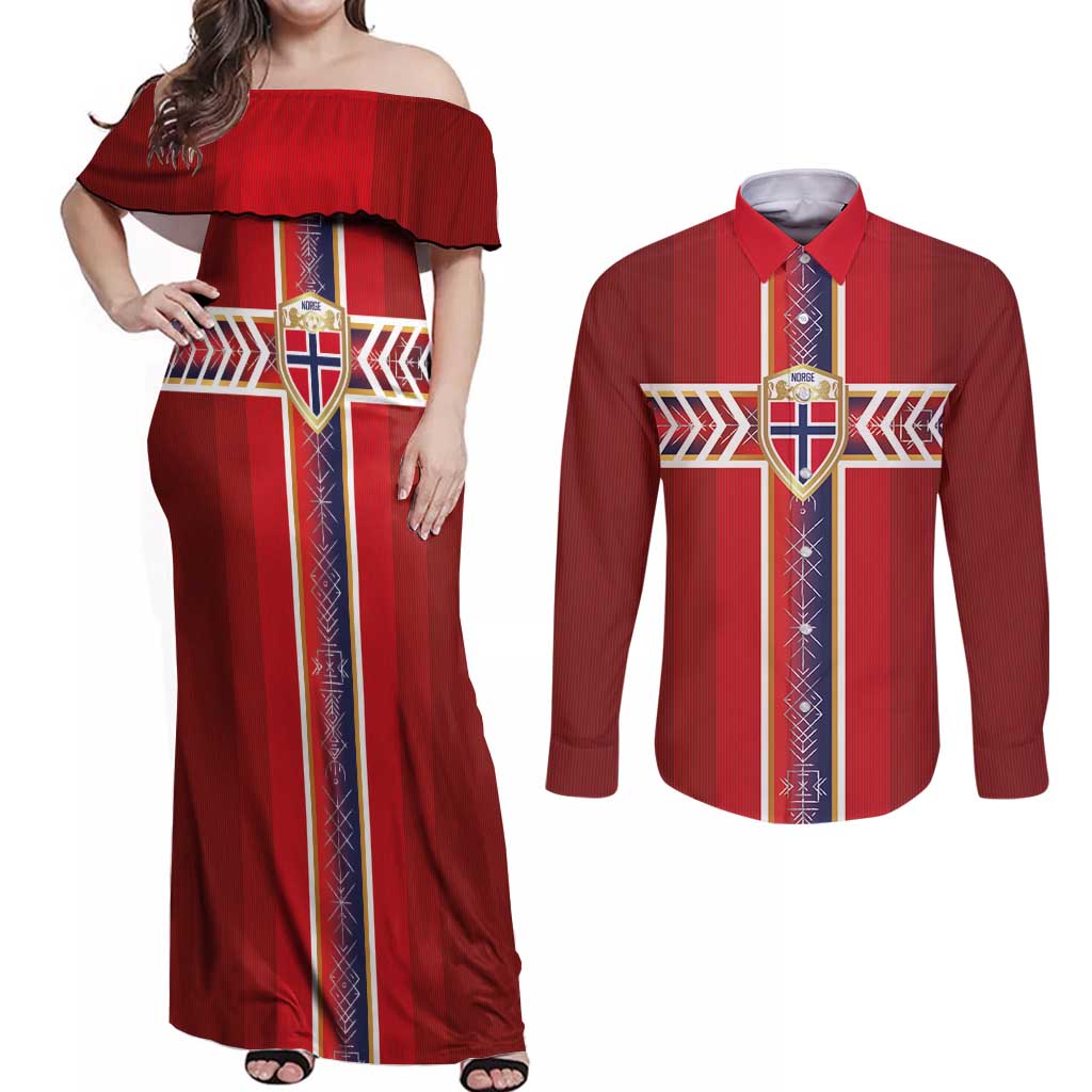 Custom Norway National Football Couples Matching Off Shoulder Maxi Dress and Long Sleeve Button Shirt Vikings Heritage Sporty Style - Wonder Print Shop