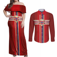 Custom Norway National Football Couples Matching Off Shoulder Maxi Dress and Long Sleeve Button Shirt Vikings Heritage Sporty Style - Wonder Print Shop