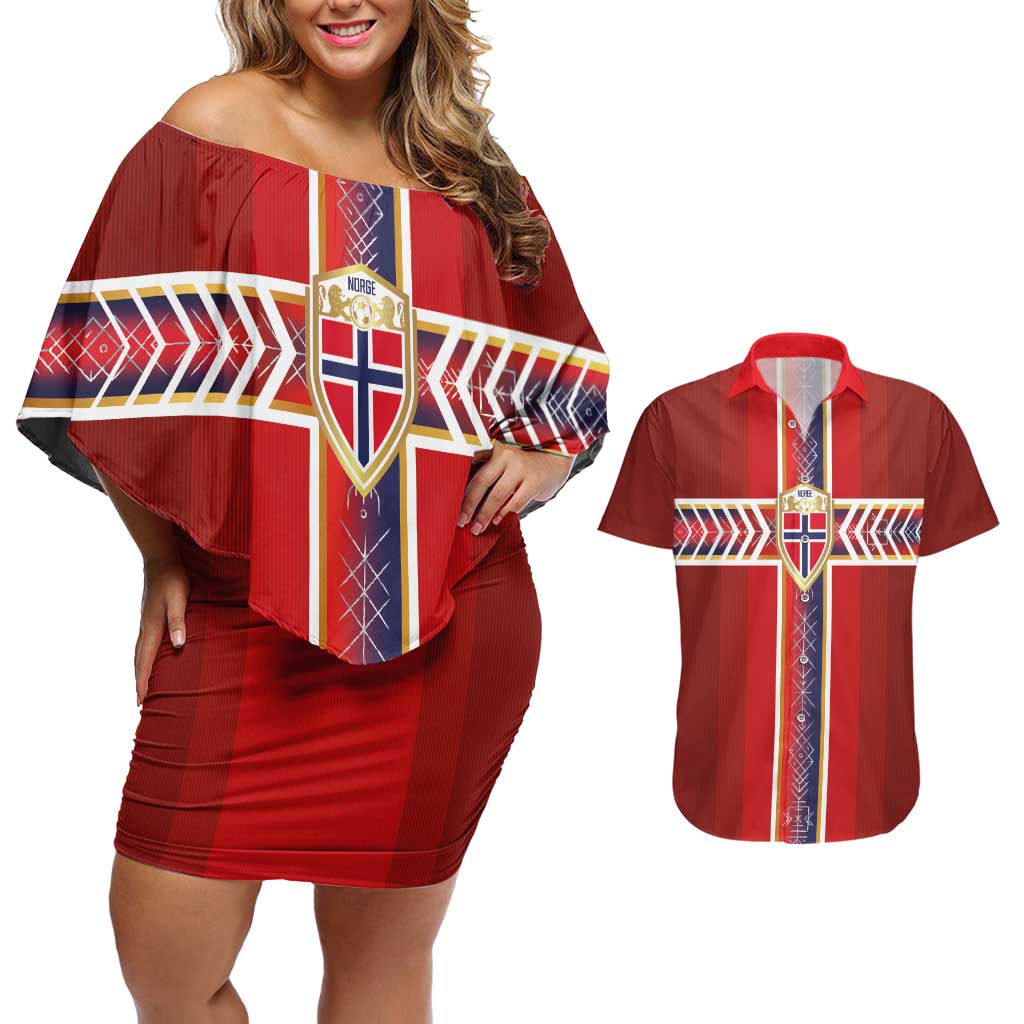 Custom Norway National Football Couples Matching Off Shoulder Short Dress and Hawaiian Shirt Vikings Heritage Sporty Style - Wonder Print Shop