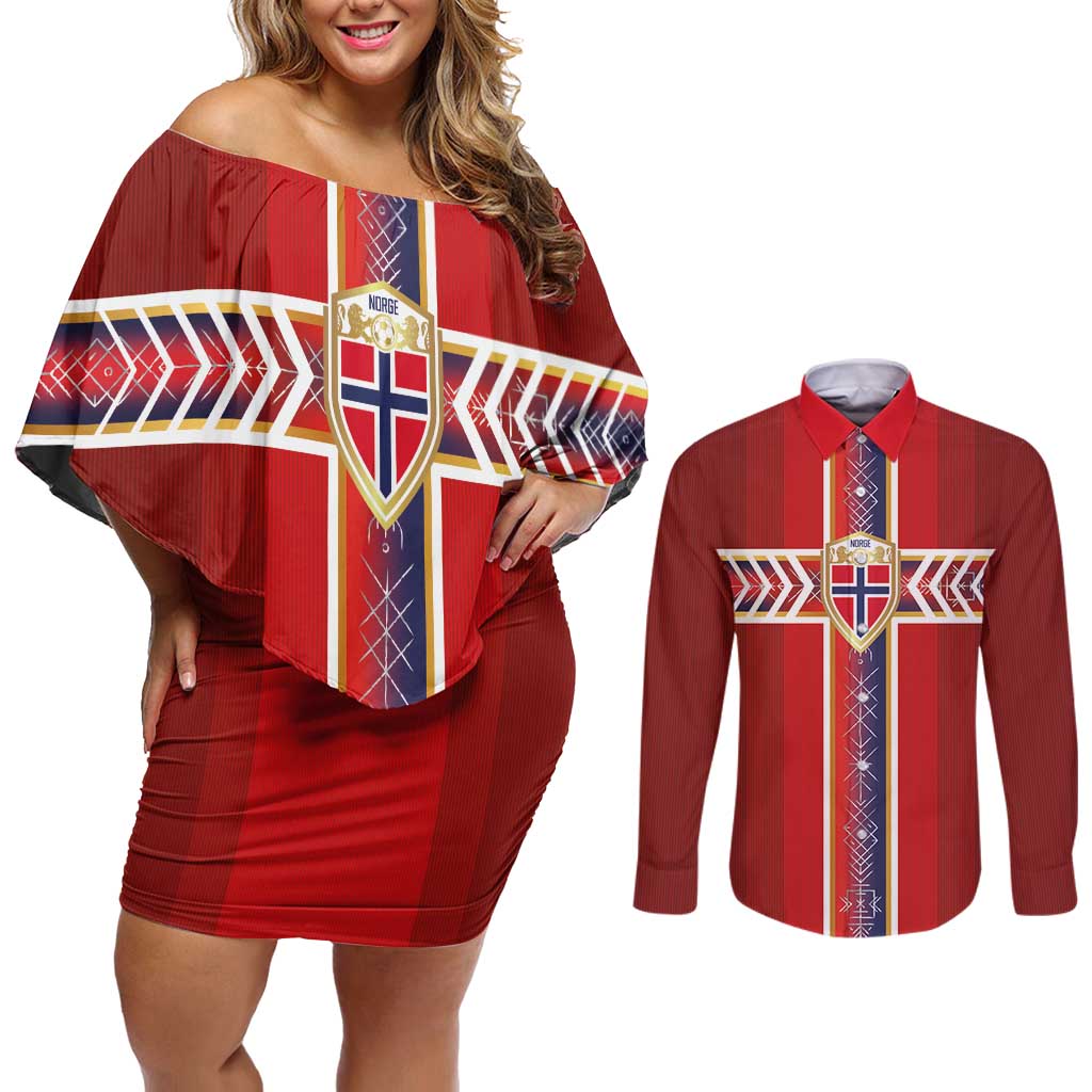 Custom Norway National Football Couples Matching Off Shoulder Short Dress and Long Sleeve Button Shirt Vikings Heritage Sporty Style - Wonder Print Shop