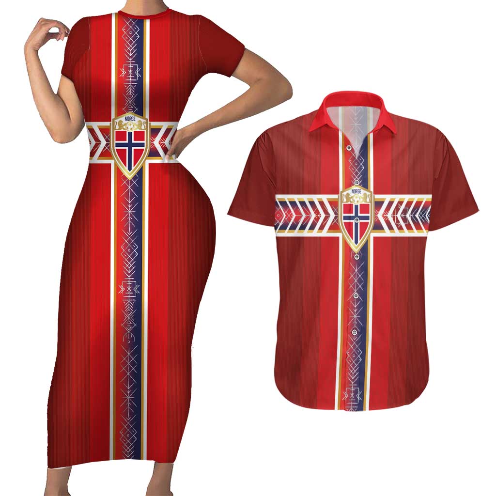 Custom Norway National Football Couples Matching Short Sleeve Bodycon Dress and Hawaiian Shirt Vikings Heritage Sporty Style - Wonder Print Shop