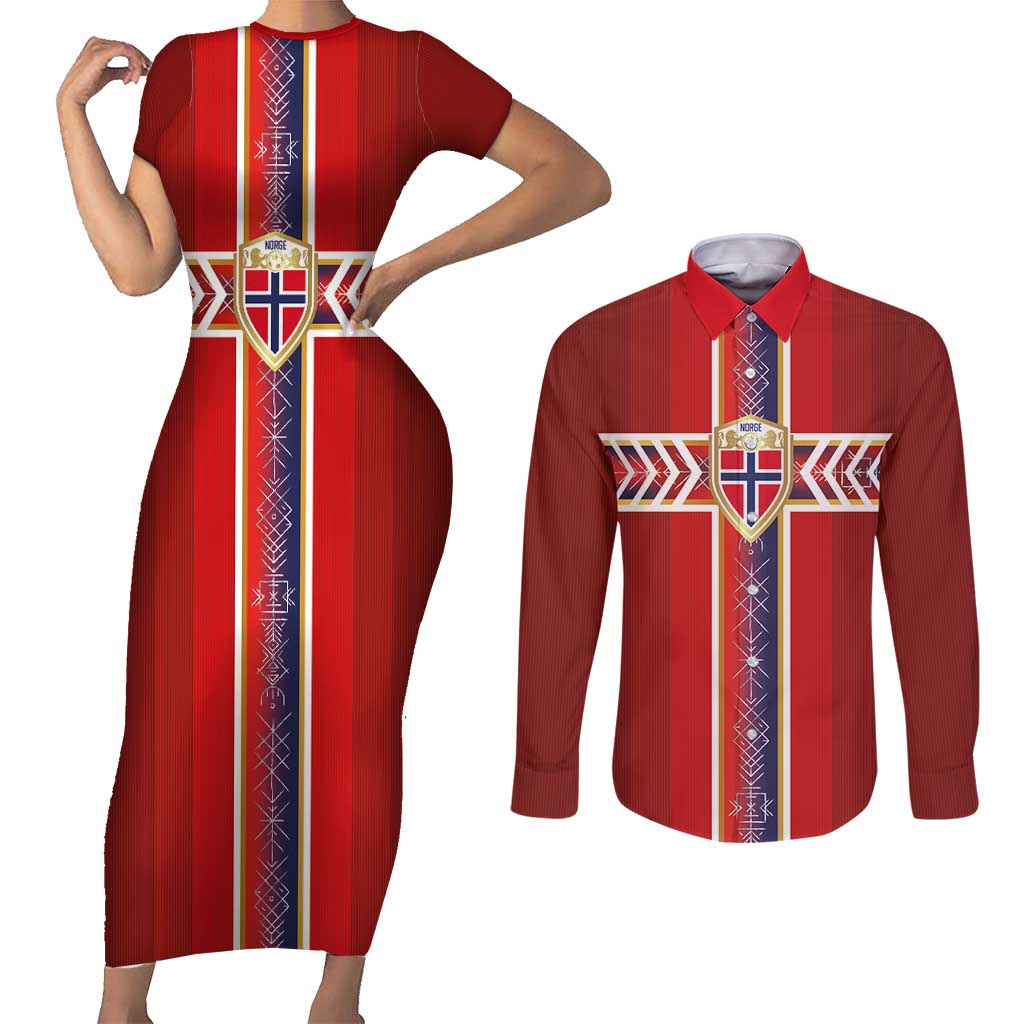 Custom Norway National Football Couples Matching Short Sleeve Bodycon Dress and Long Sleeve Button Shirt Vikings Heritage Sporty Style - Wonder Print Shop