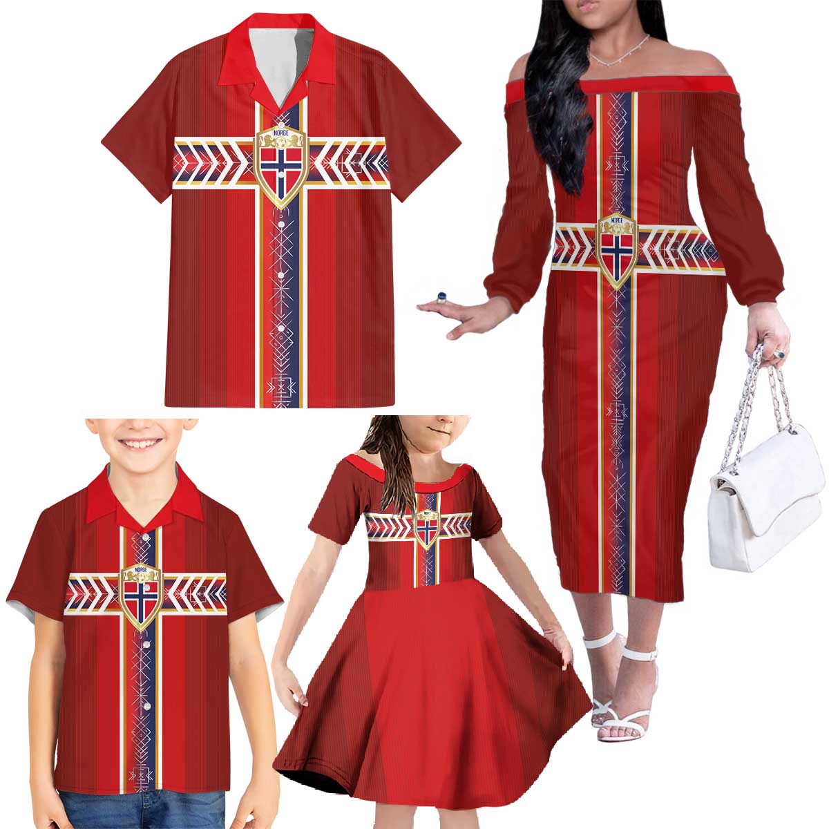 Custom Norway National Football Family Matching Off The Shoulder Long Sleeve Dress and Hawaiian Shirt Vikings Heritage Sporty Style - Wonder Print Shop