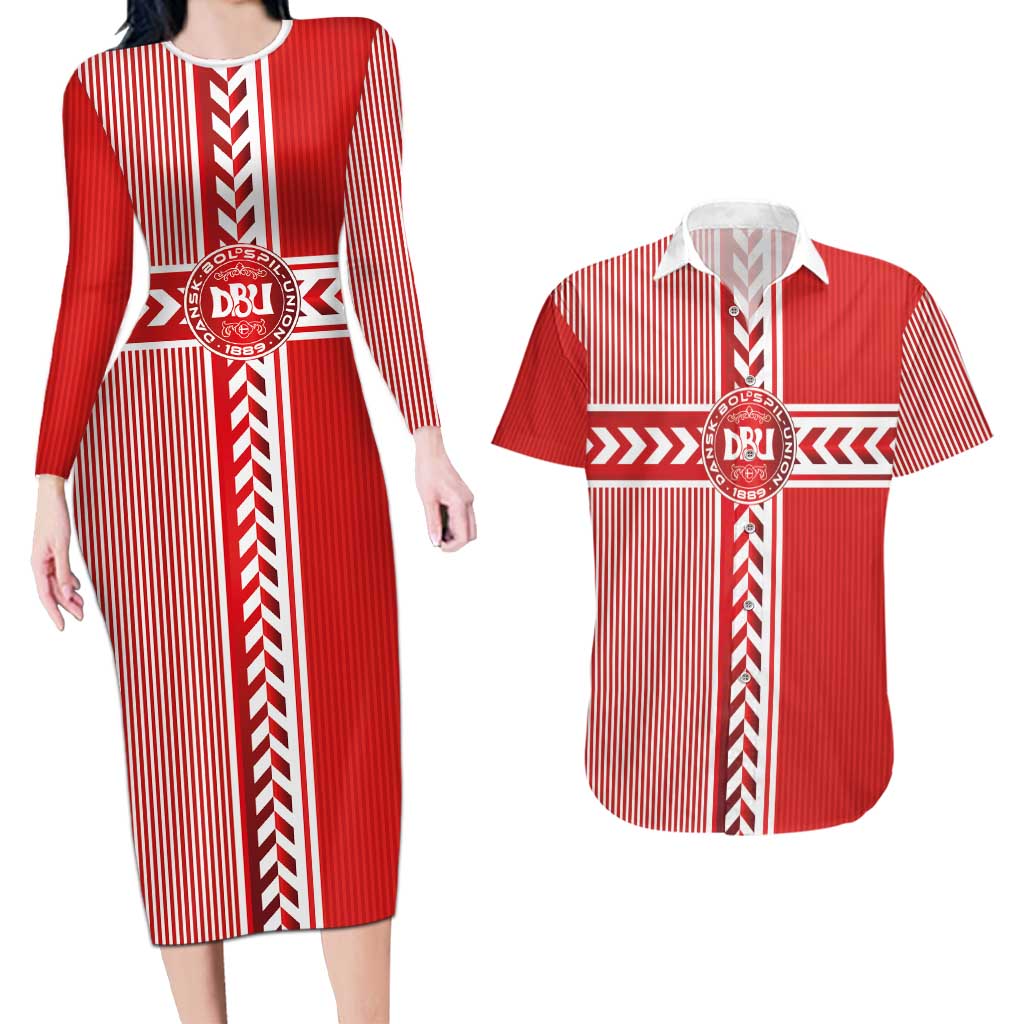 Custom Denmark National Football Couples Matching Long Sleeve Bodycon Dress and Hawaiian Shirt The Red and Whites Sporty Style - Wonder Print Shop