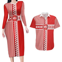 Custom Denmark National Football Couples Matching Long Sleeve Bodycon Dress and Hawaiian Shirt The Red and Whites Sporty Style - Wonder Print Shop