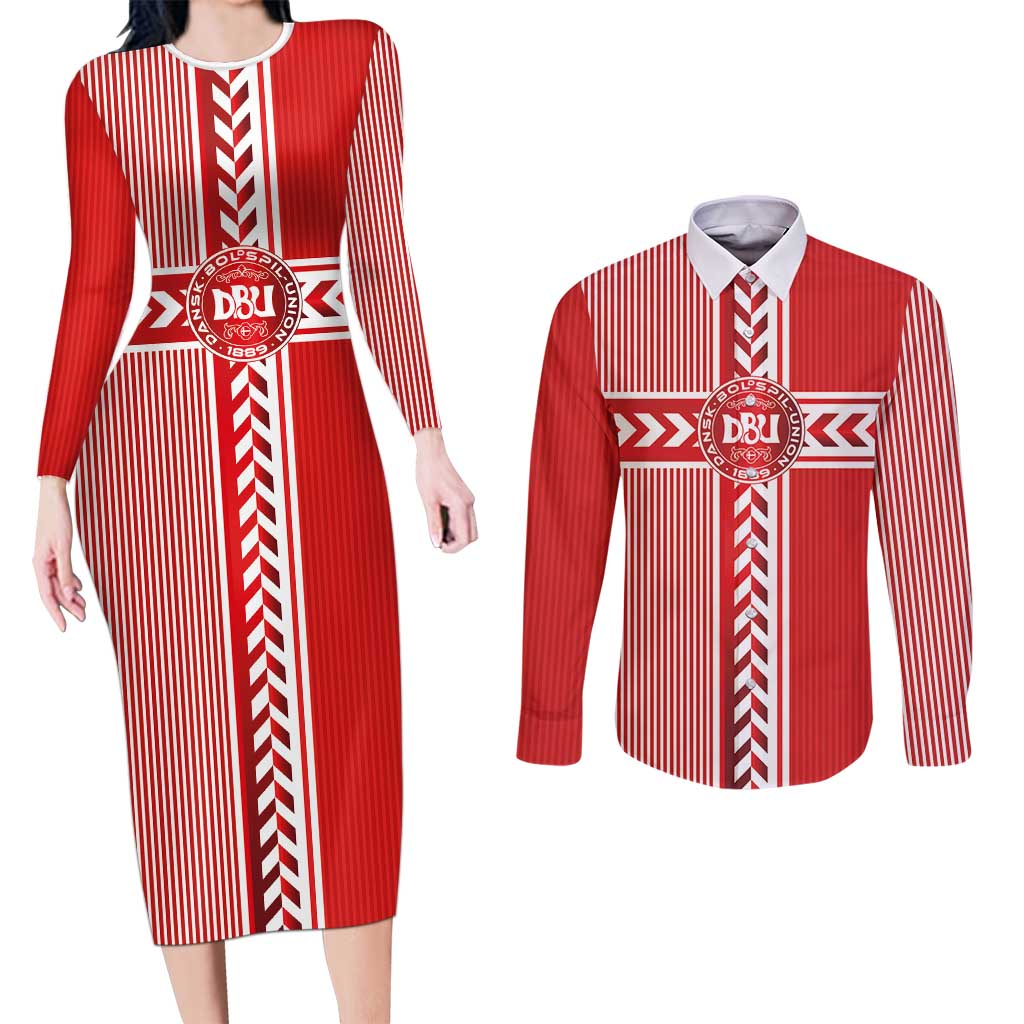 Custom Denmark National Football Couples Matching Long Sleeve Bodycon Dress and Long Sleeve Button Shirt The Red and Whites Sporty Style - Wonder Print Shop