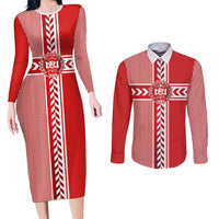 Custom Denmark National Football Couples Matching Long Sleeve Bodycon Dress and Long Sleeve Button Shirt The Red and Whites Sporty Style - Wonder Print Shop