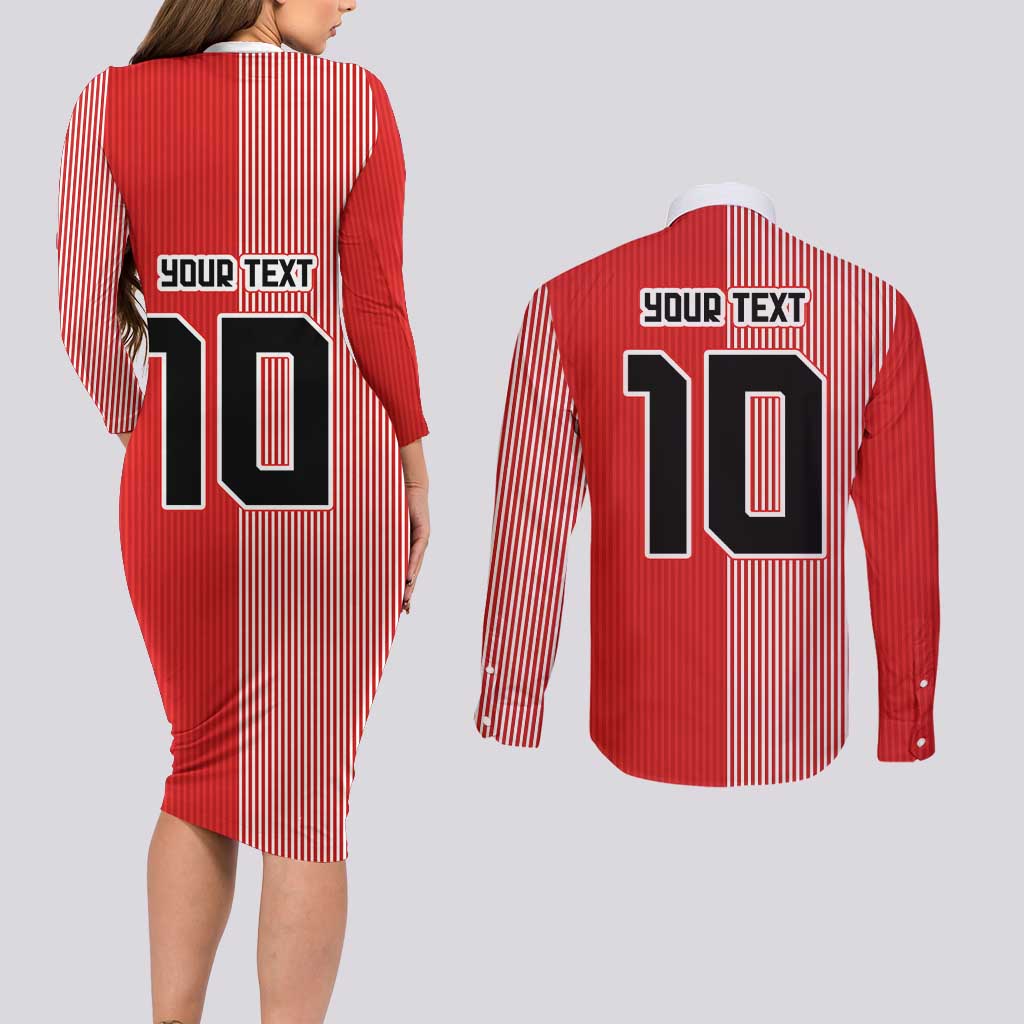 Custom Denmark National Football Couples Matching Long Sleeve Bodycon Dress and Long Sleeve Button Shirt The Red and Whites Sporty Style - Wonder Print Shop