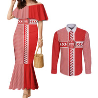 Custom Denmark National Football Couples Matching Mermaid Dress and Long Sleeve Button Shirt The Red and Whites Sporty Style - Wonder Print Shop