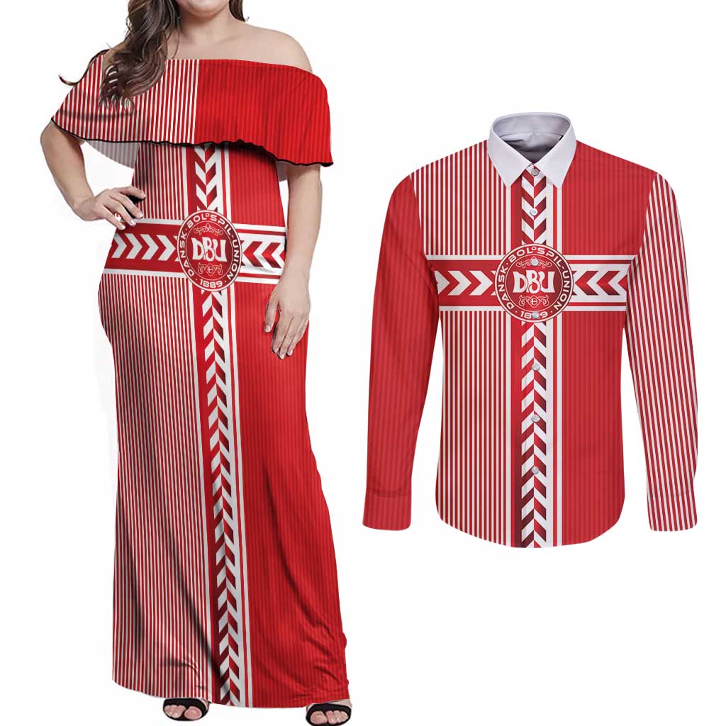 Custom Denmark National Football Couples Matching Off Shoulder Maxi Dress and Long Sleeve Button Shirt The Red and Whites Sporty Style - Wonder Print Shop
