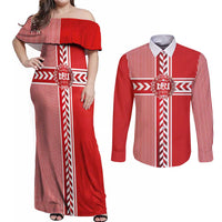Custom Denmark National Football Couples Matching Off Shoulder Maxi Dress and Long Sleeve Button Shirt The Red and Whites Sporty Style - Wonder Print Shop