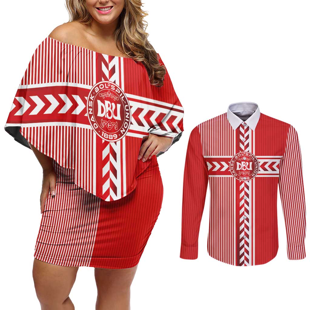 Custom Denmark National Football Couples Matching Off Shoulder Short Dress and Long Sleeve Button Shirt The Red and Whites Sporty Style - Wonder Print Shop