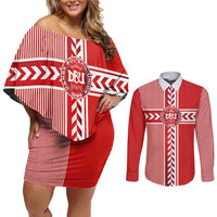 Custom Denmark National Football Couples Matching Off Shoulder Short Dress and Long Sleeve Button Shirt The Red and Whites Sporty Style - Wonder Print Shop