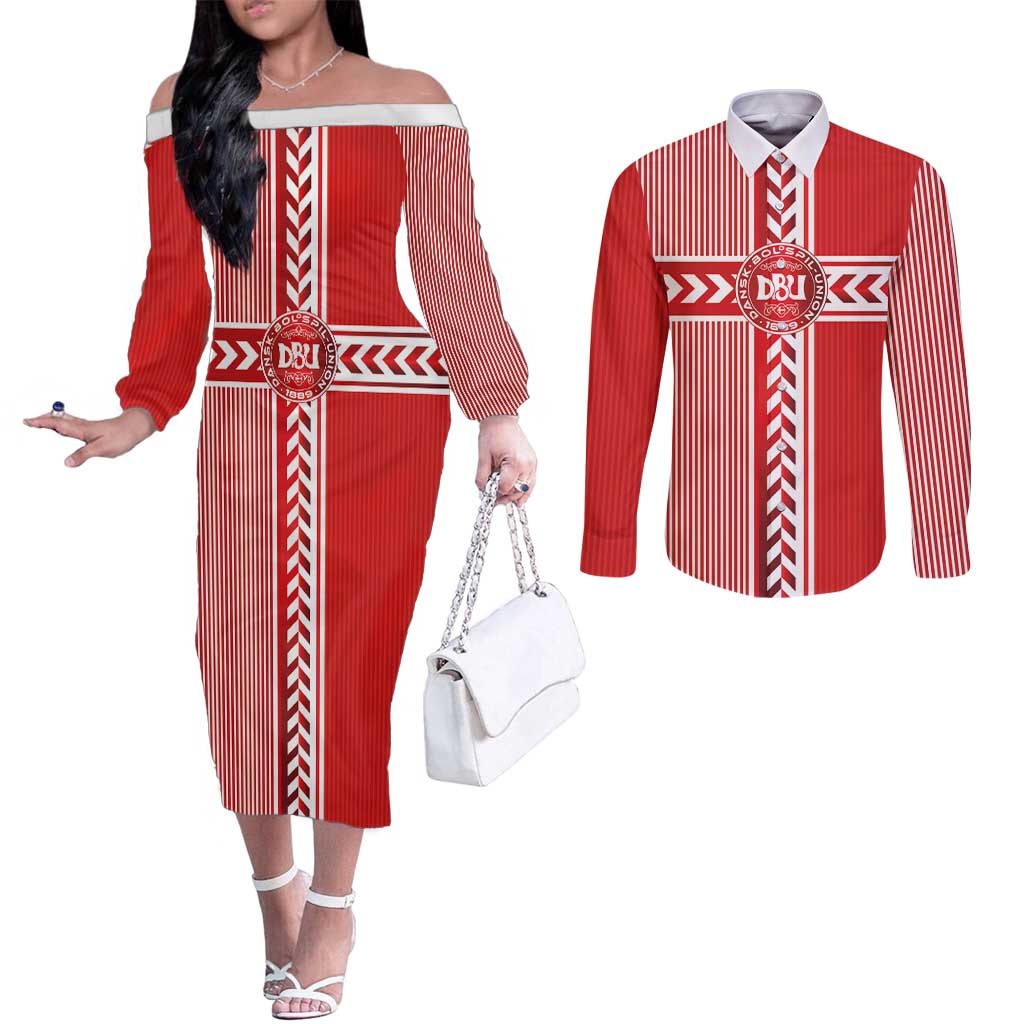 Custom Denmark National Football Couples Matching Off The Shoulder Long Sleeve Dress and Long Sleeve Button Shirt The Red and Whites Sporty Style - Wonder Print Shop