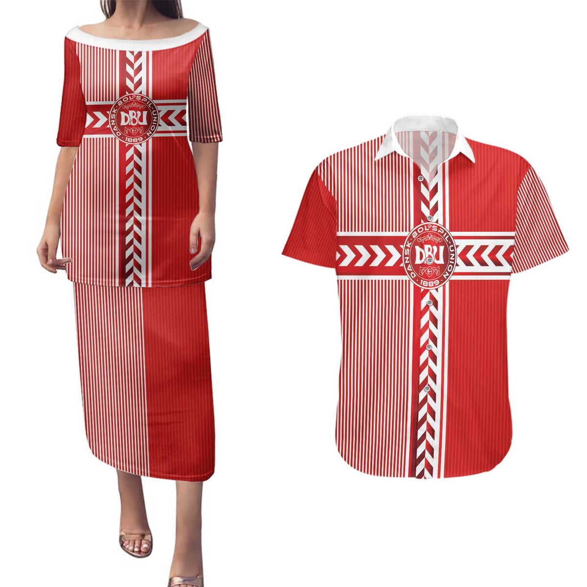 Custom Denmark National Football Couples Matching Puletasi and Hawaiian Shirt The Red and Whites Sporty Style - Wonder Print Shop
