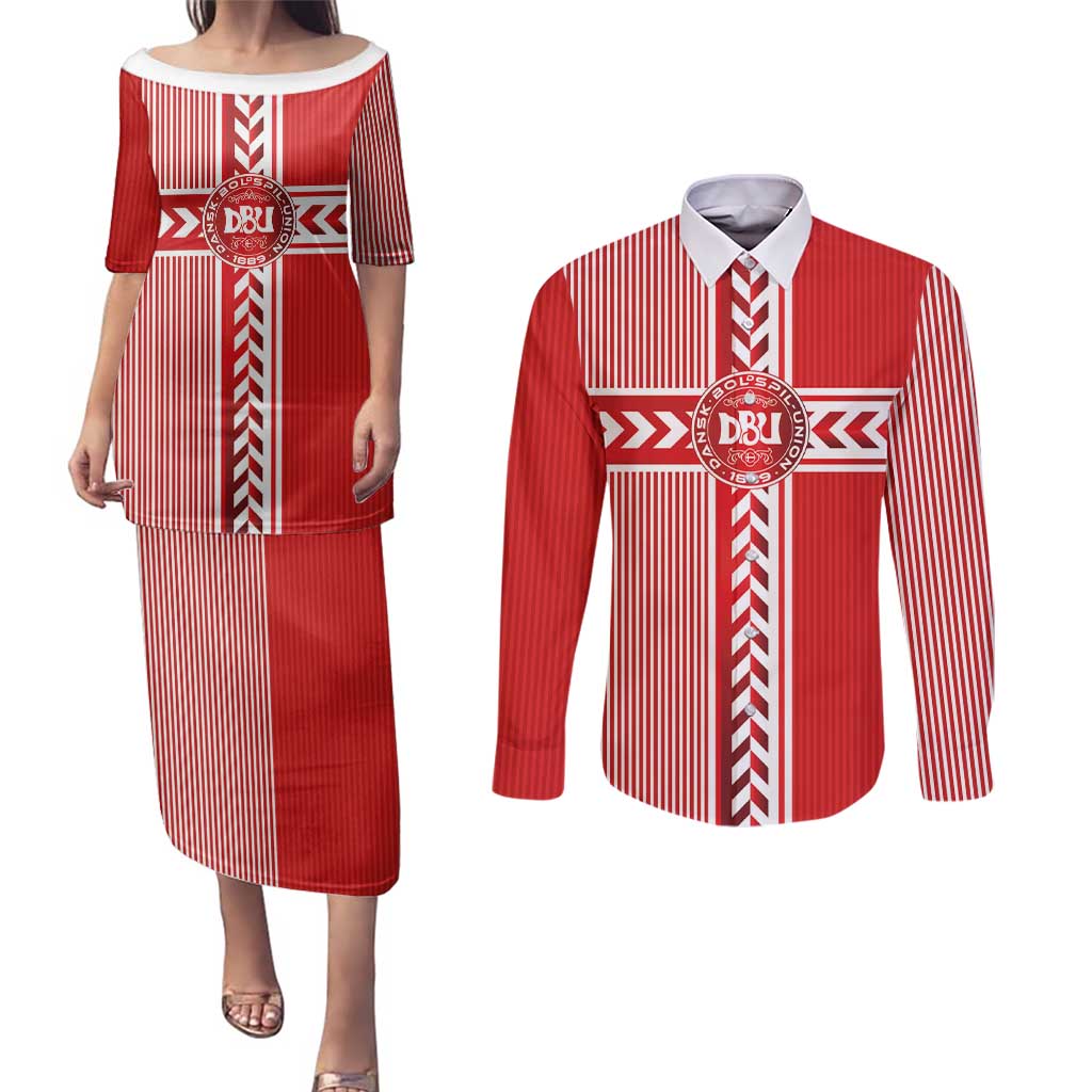 Custom Denmark National Football Couples Matching Puletasi and Long Sleeve Button Shirt The Red and Whites Sporty Style - Wonder Print Shop