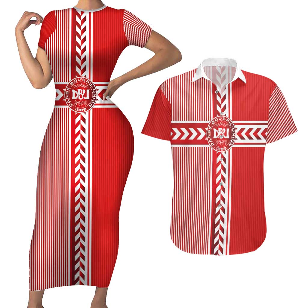 Custom Denmark National Football Couples Matching Short Sleeve Bodycon Dress and Hawaiian Shirt The Red and Whites Sporty Style - Wonder Print Shop