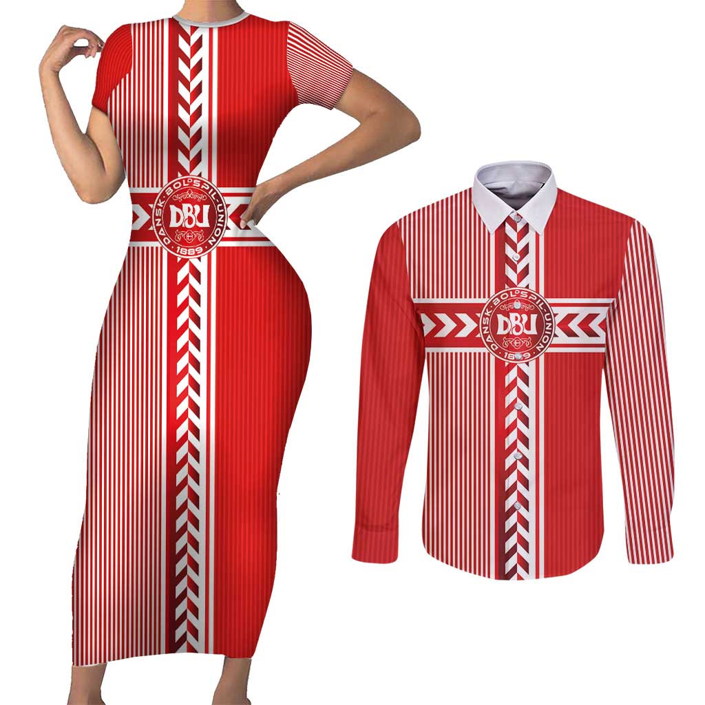Custom Denmark National Football Couples Matching Short Sleeve Bodycon Dress and Long Sleeve Button Shirt The Red and Whites Sporty Style - Wonder Print Shop