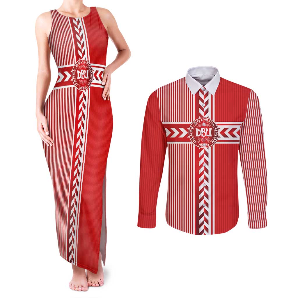 Custom Denmark National Football Couples Matching Tank Maxi Dress and Long Sleeve Button Shirt The Red and Whites Sporty Style - Wonder Print Shop