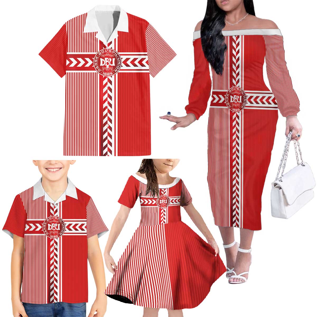 Custom Denmark National Football Family Matching Off The Shoulder Long Sleeve Dress and Hawaiian Shirt The Red and Whites Sporty Style - Wonder Print Shop