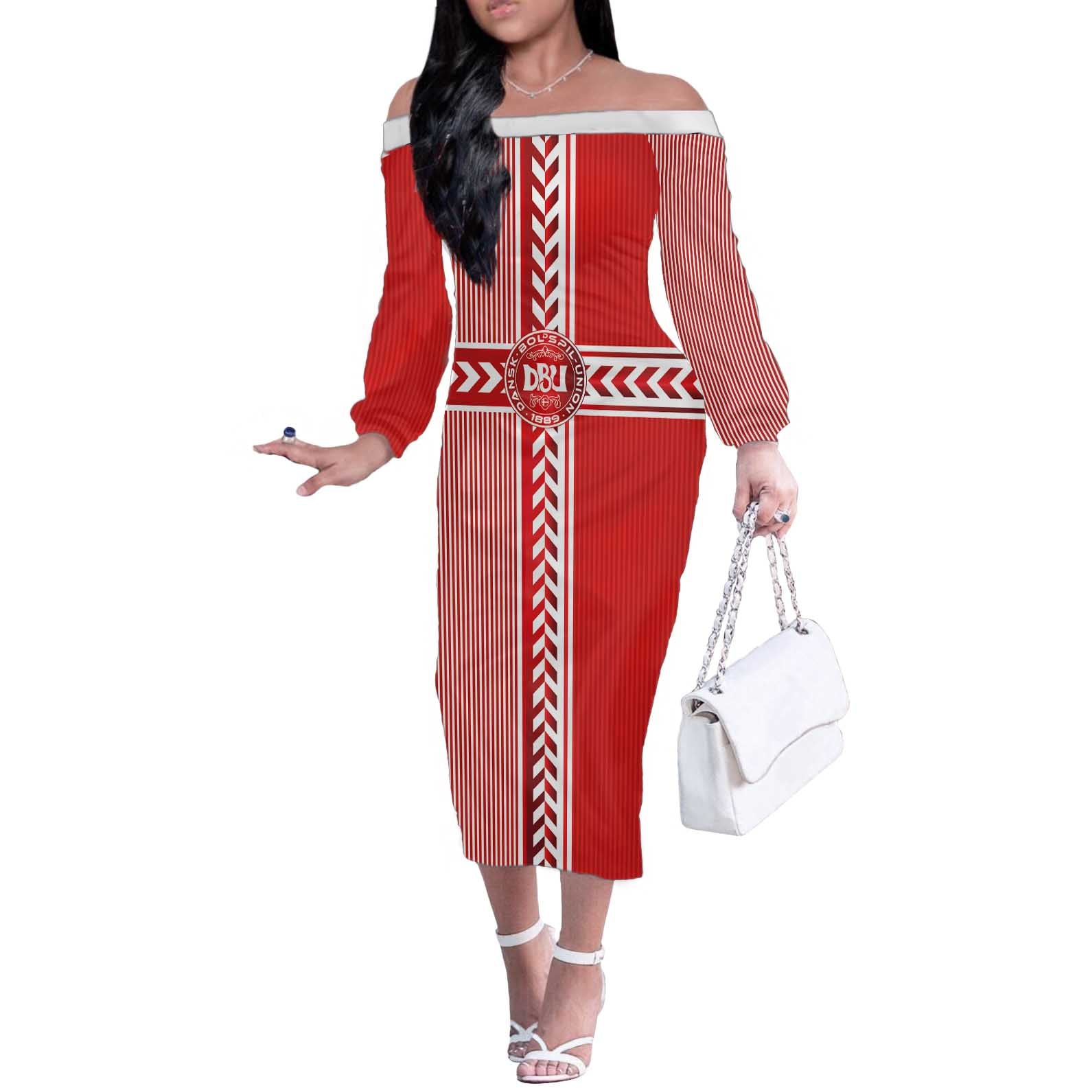 Custom Denmark National Football Off The Shoulder Long Sleeve Dress The Red and Whites Sporty Style - Wonder Print Shop