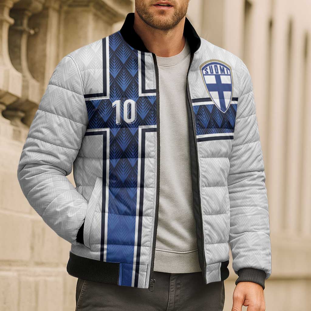 Custom Finland National Football Bomber Puffer Jacket Pine Trees with Diamond Shapes - Wonder Print Shop