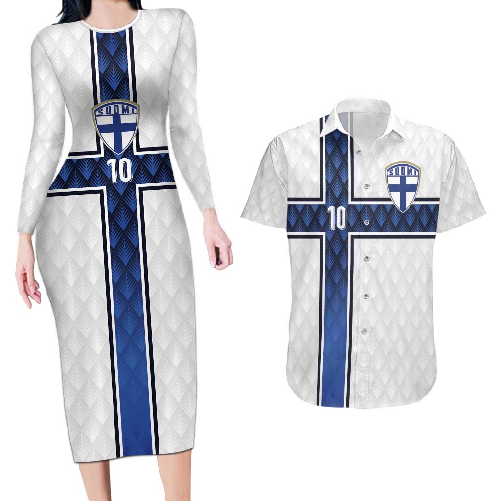 Custom Finland National Football Couples Matching Long Sleeve Bodycon Dress and Hawaiian Shirt Pine Trees with Diamond Shapes - Wonder Print Shop