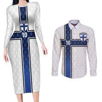 Custom Finland National Football Couples Matching Long Sleeve Bodycon Dress and Long Sleeve Button Shirt Pine Trees with Diamond Shapes - Wonder Print Shop