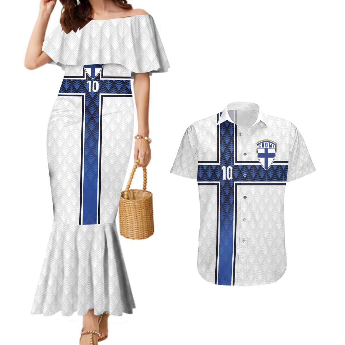 Custom Finland National Football Couples Matching Mermaid Dress and Hawaiian Shirt Pine Trees with Diamond Shapes - Wonder Print Shop