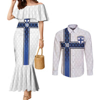 Custom Finland National Football Couples Matching Mermaid Dress and Long Sleeve Button Shirt Pine Trees with Diamond Shapes - Wonder Print Shop