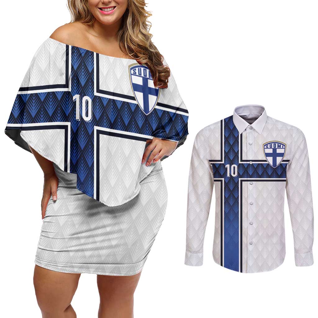 Custom Finland National Football Couples Matching Off Shoulder Short Dress and Long Sleeve Button Shirt Pine Trees with Diamond Shapes - Wonder Print Shop