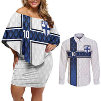 Custom Finland National Football Couples Matching Off Shoulder Short Dress and Long Sleeve Button Shirt Pine Trees with Diamond Shapes - Wonder Print Shop