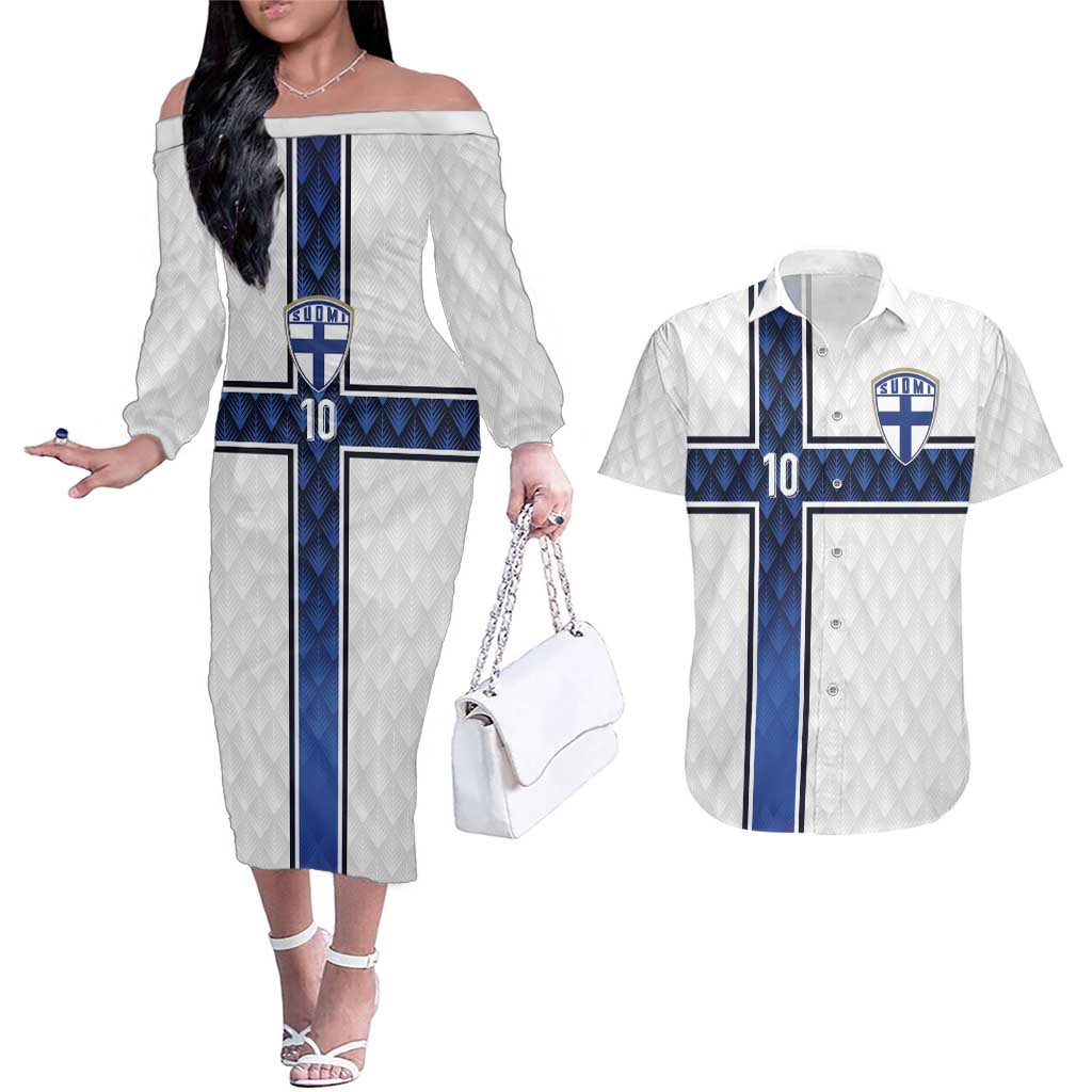 Custom Finland National Football Couples Matching Off The Shoulder Long Sleeve Dress and Hawaiian Shirt Pine Trees with Diamond Shapes - Wonder Print Shop