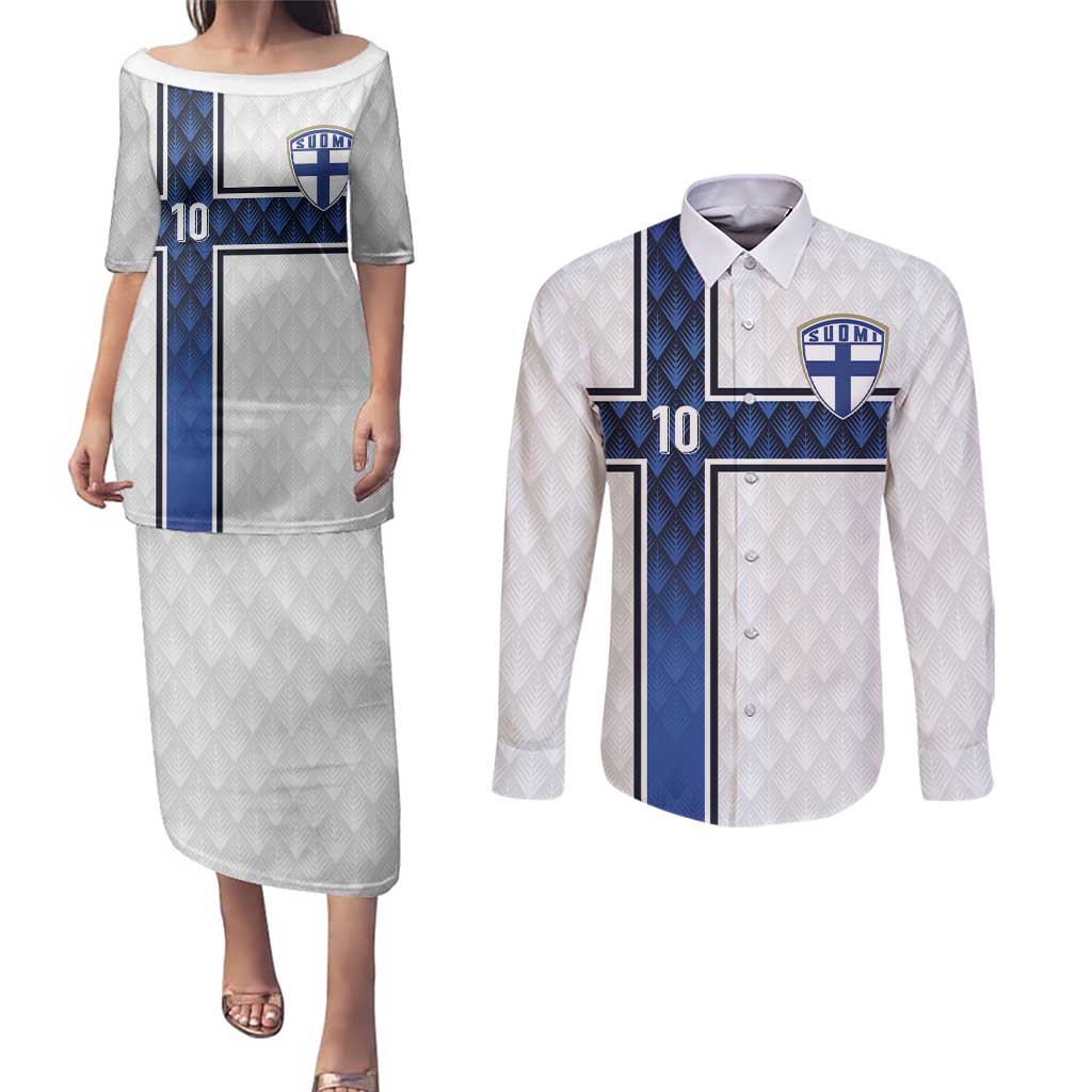 Custom Finland National Football Couples Matching Puletasi and Long Sleeve Button Shirt Pine Trees with Diamond Shapes - Wonder Print Shop