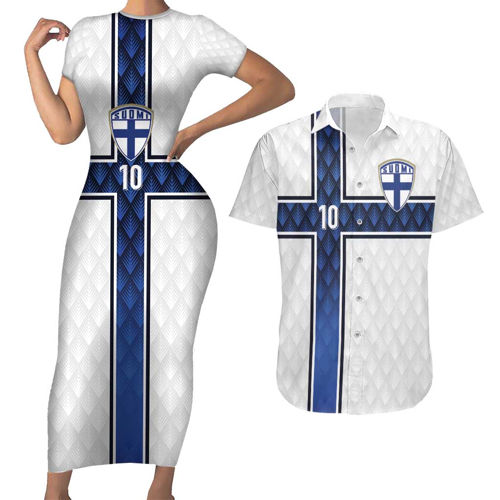 Custom Finland National Football Couples Matching Short Sleeve Bodycon Dress and Hawaiian Shirt Pine Trees with Diamond Shapes - Wonder Print Shop