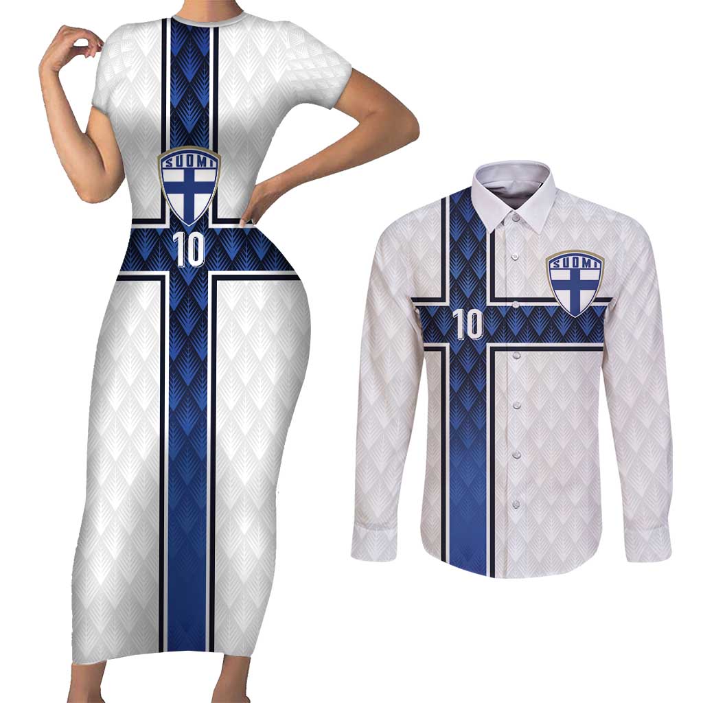 Custom Finland National Football Couples Matching Short Sleeve Bodycon Dress and Long Sleeve Button Shirt Pine Trees with Diamond Shapes - Wonder Print Shop