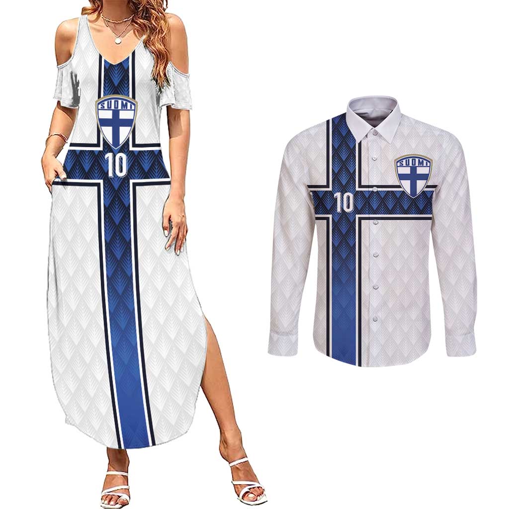 Custom Finland National Football Couples Matching Summer Maxi Dress and Long Sleeve Button Shirt Pine Trees with Diamond Shapes - Wonder Print Shop