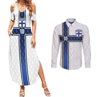 Custom Finland National Football Couples Matching Summer Maxi Dress and Long Sleeve Button Shirt Pine Trees with Diamond Shapes - Wonder Print Shop
