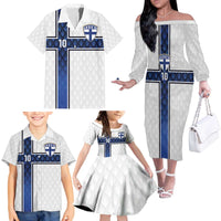 Custom Finland National Football Family Matching Off The Shoulder Long Sleeve Dress and Hawaiian Shirt Pine Trees with Diamond Shapes - Wonder Print Shop