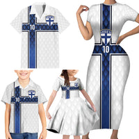 Custom Finland National Football Family Matching Short Sleeve Bodycon Dress and Hawaiian Shirt Pine Trees with Diamond Shapes - Wonder Print Shop
