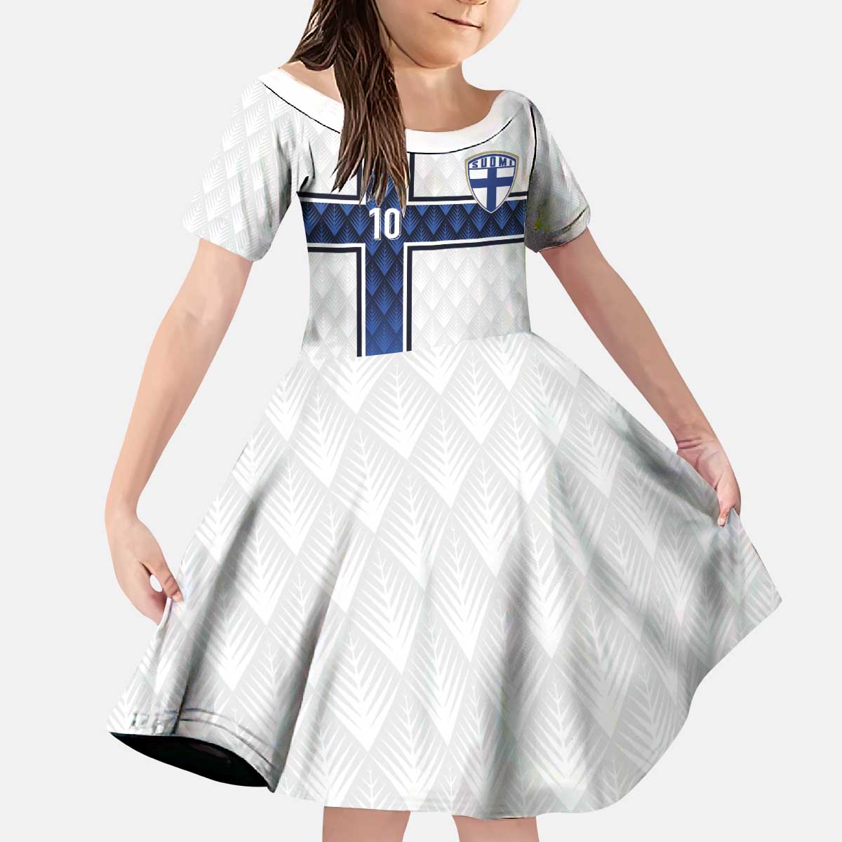 Custom Finland National Football Kid Short Sleeve Dress Pine Trees with Diamond Shapes - Wonder Print Shop