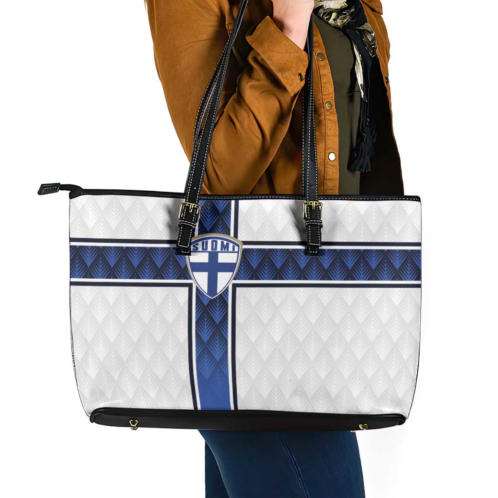 Finland National Football Leather Tote Bag Pine Trees with Diamond Shapes - Wonder Print Shop
