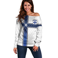 Custom Finland National Football Off Shoulder Sweater Pine Trees with Diamond Shapes - Wonder Print Shop