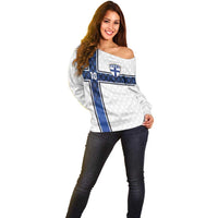 Custom Finland National Football Off Shoulder Sweater Pine Trees with Diamond Shapes - Wonder Print Shop