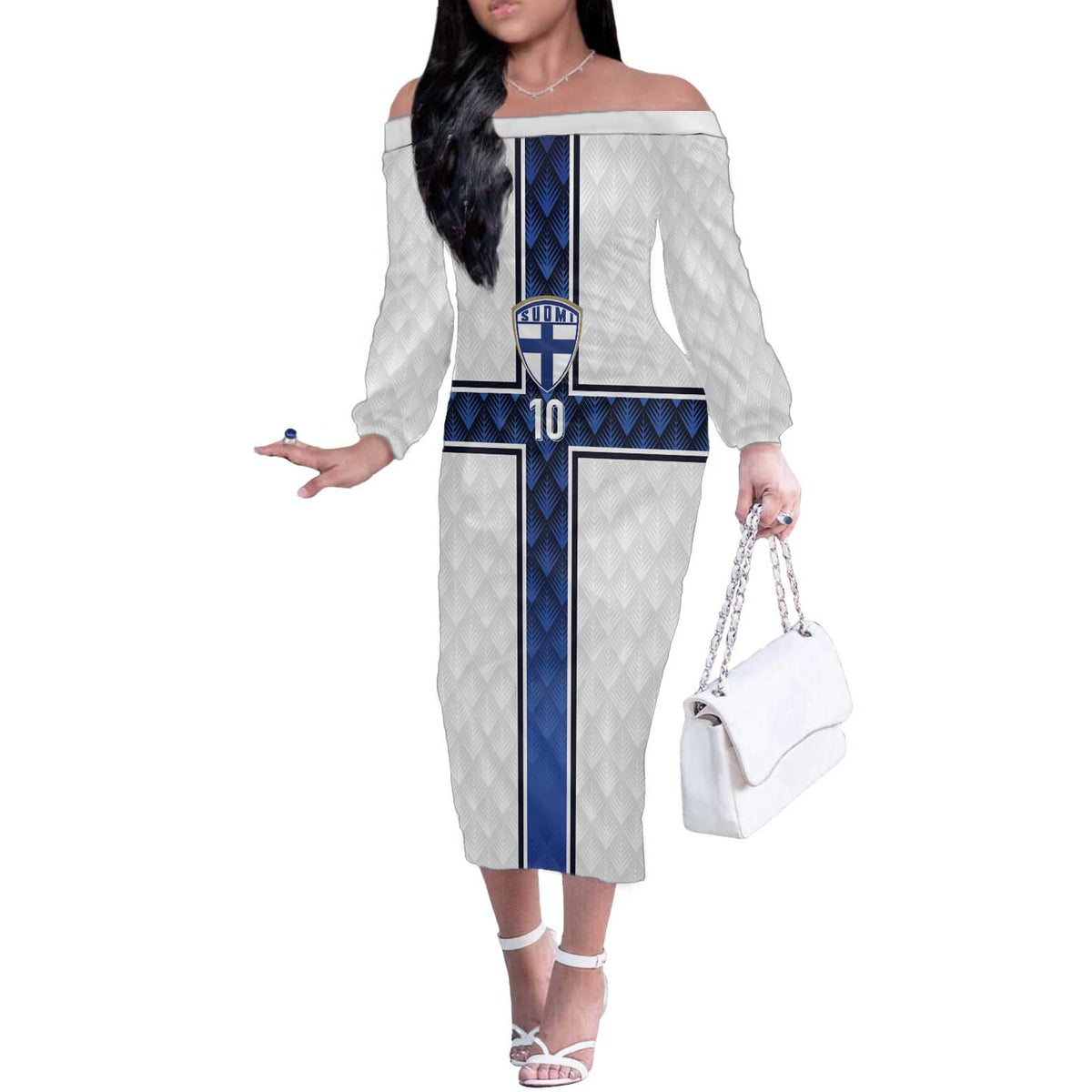 Custom Finland National Football Off The Shoulder Long Sleeve Dress Pine Trees with Diamond Shapes - Wonder Print Shop