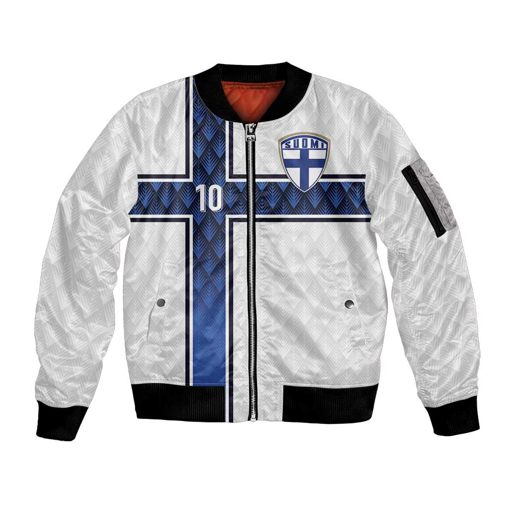 Custom Finland National Football Sleeve Zip Bomber Jacket Pine Trees with Diamond Shapes - Wonder Print Shop