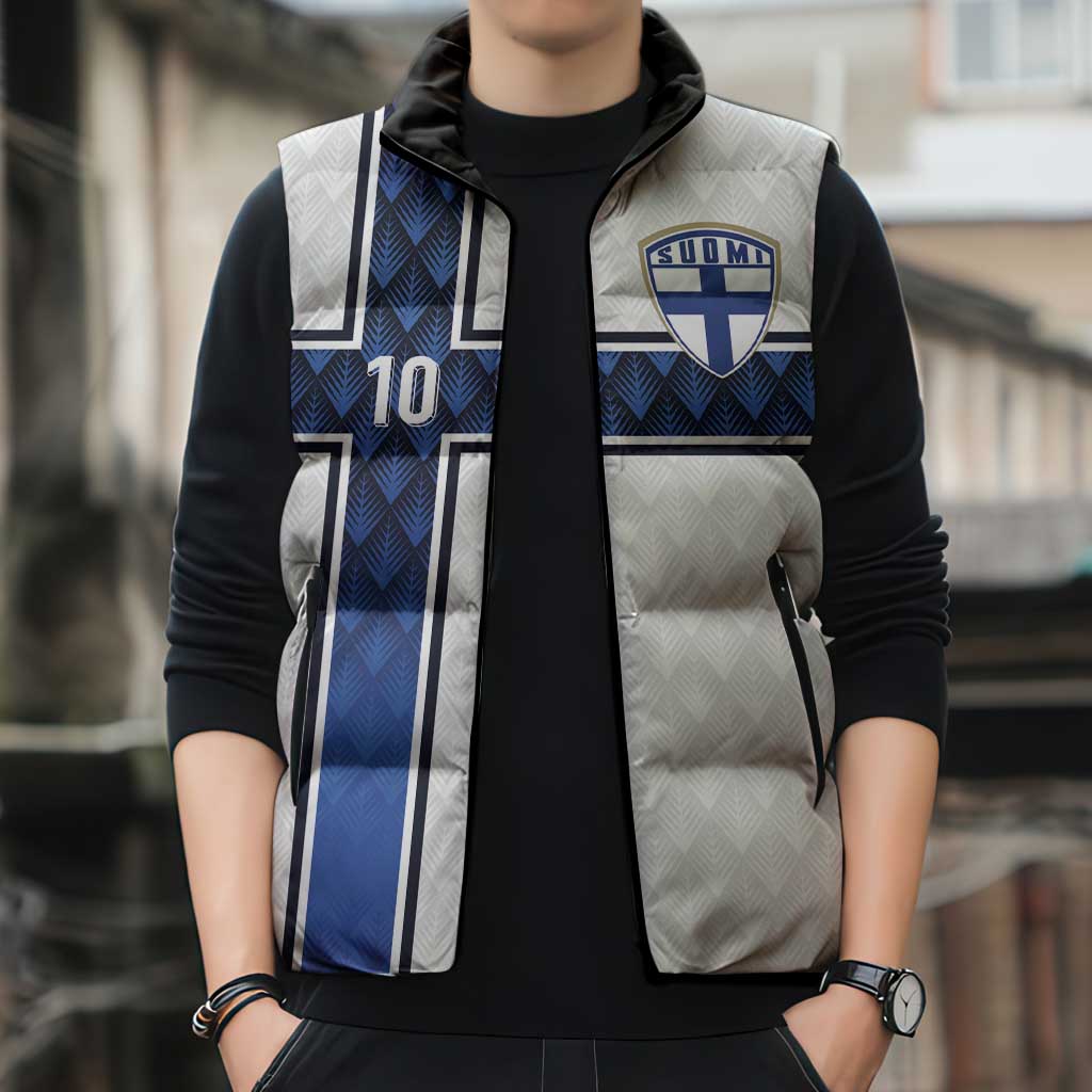 Custom Finland National Football Sleeveless Puffer Jacket Pine Trees with Diamond Shapes - Wonder Print Shop